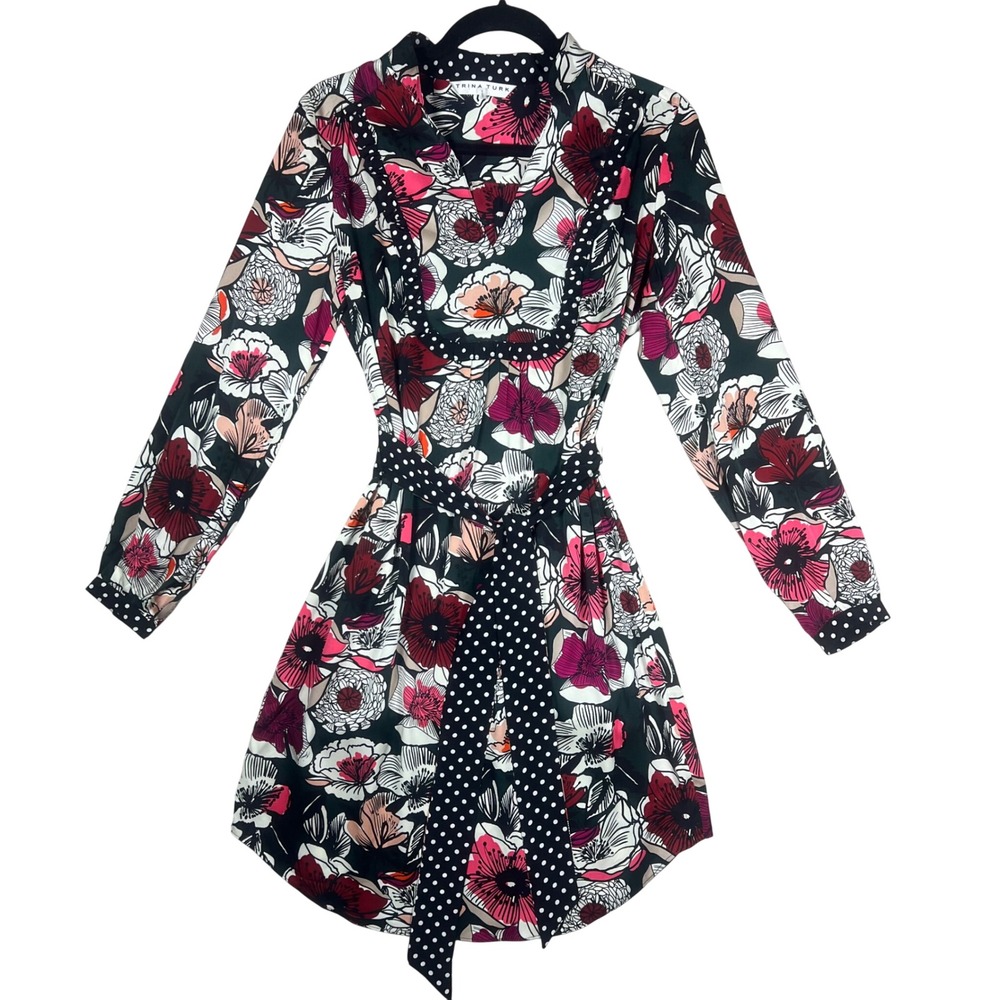 Trina Turk Silk Floral Polka Dot Belted‎ Shirt Dress Long Sleeve Pink Black Sz 4
